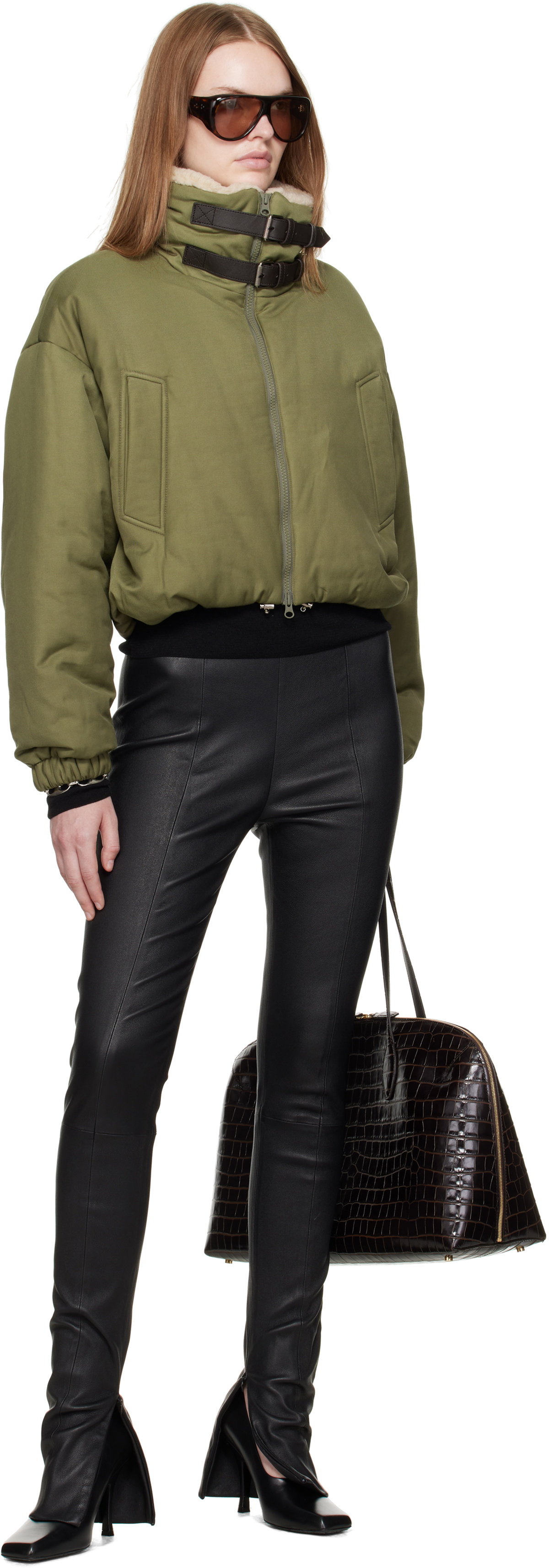 R2W Green Kinsley Leather Buckle Padded Bomber Jacket