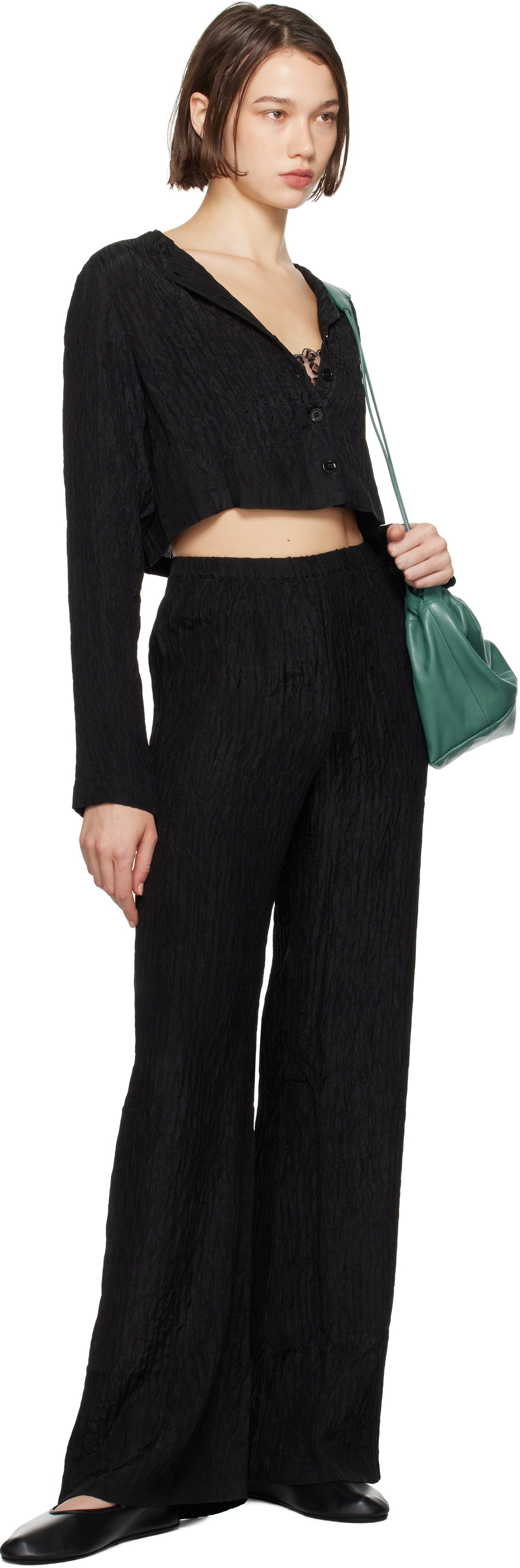 Silk Laundry Black Crinkle Flare Lounge Pants