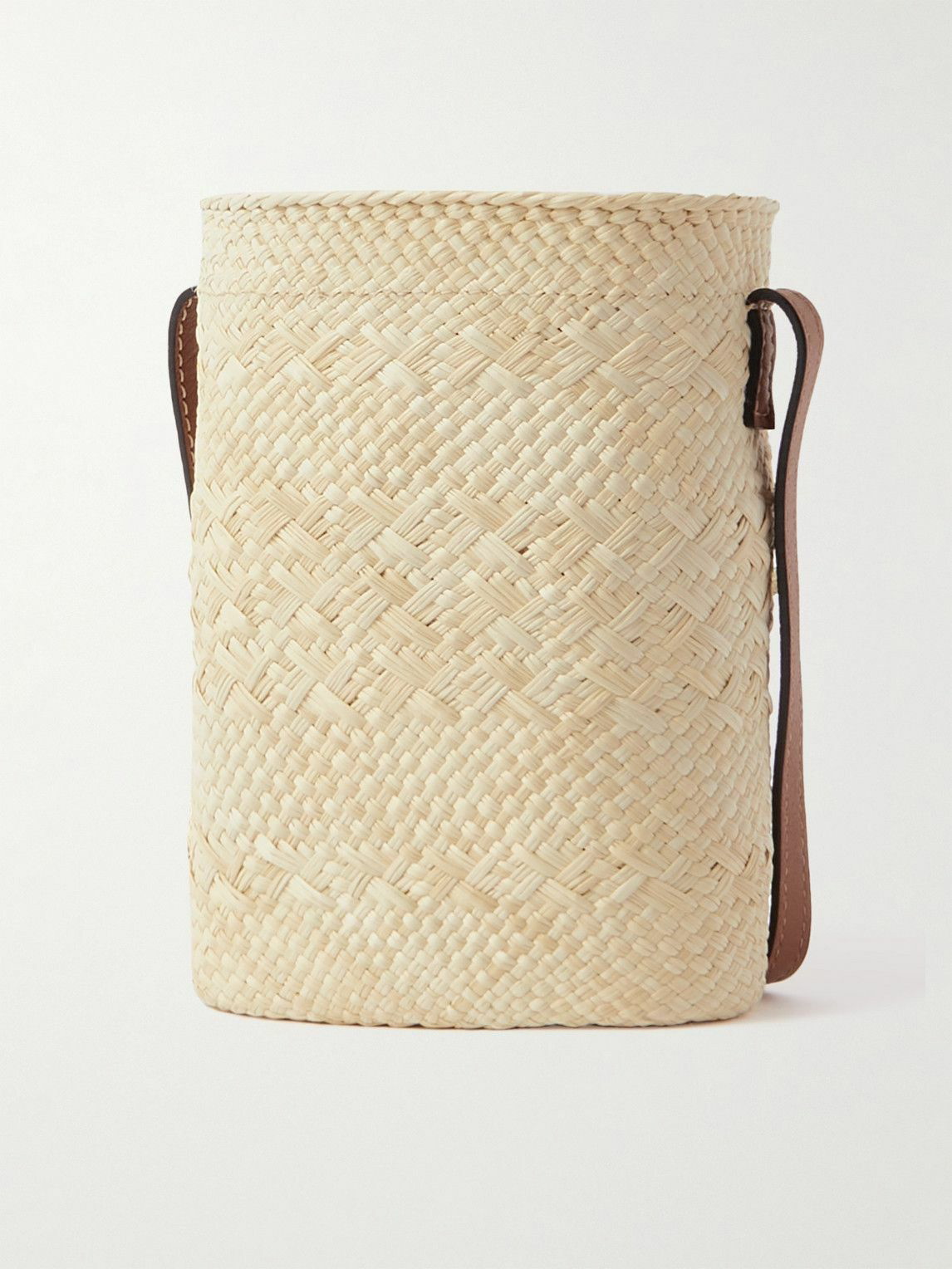+ Paula's Ibiza leather-trimmed raffia bucket bag