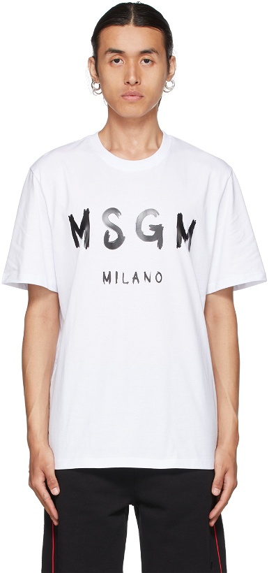 Photo: MSGM White Paint Brushed Logo T-Shirt