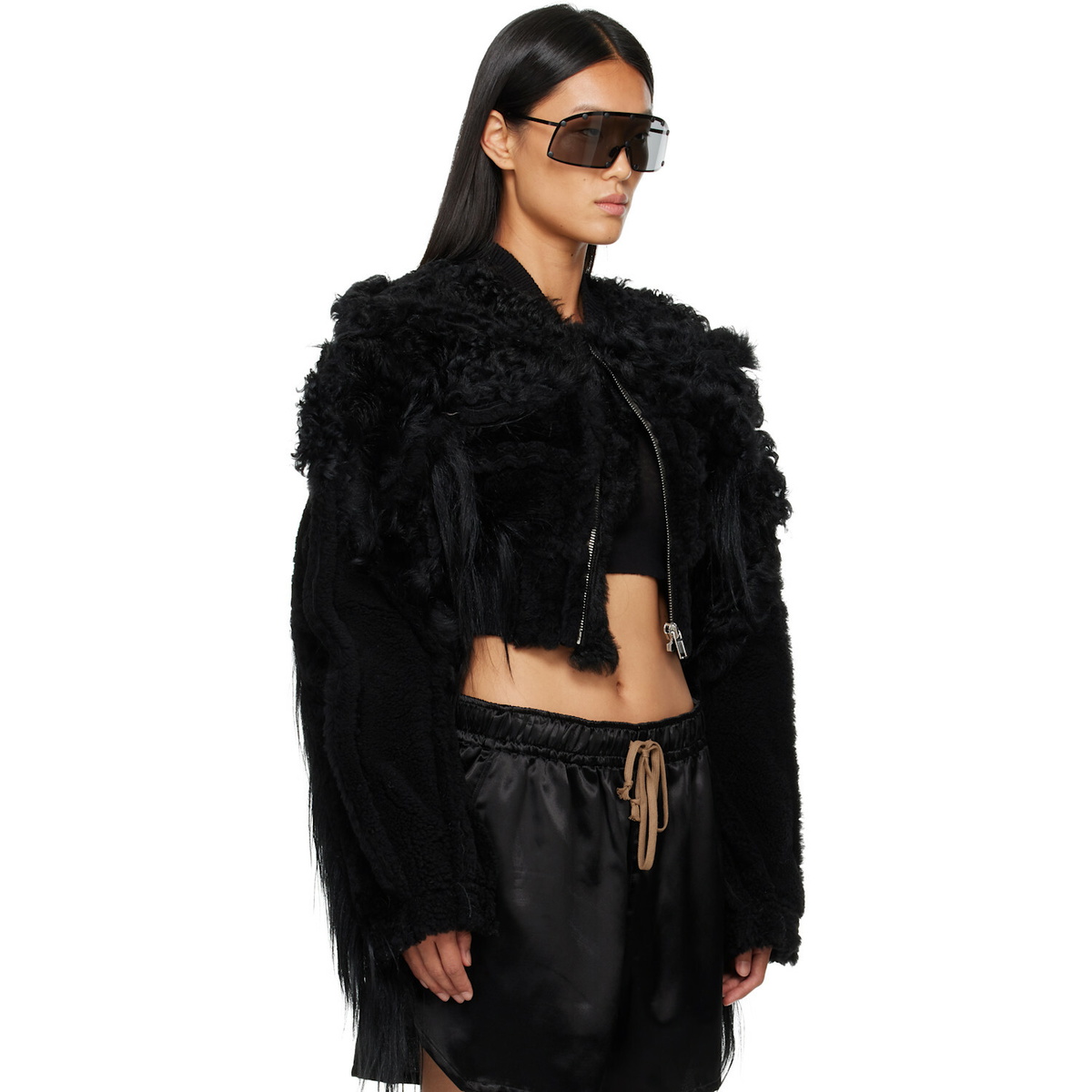Rick Owens Black Tower Collage Cropped Shearling Bomber Jacket