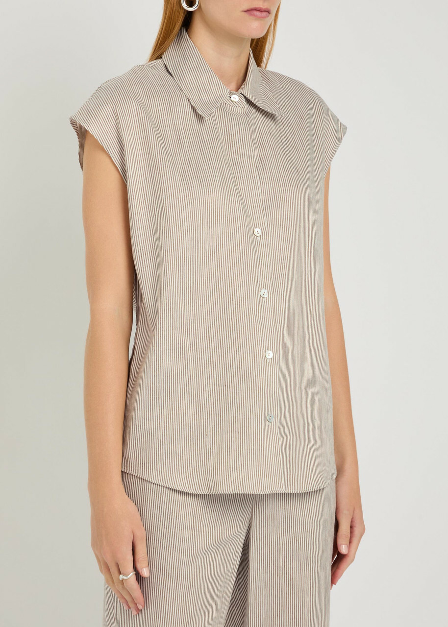 Vince Ticking Striped Linen and Cotton-blend Blouse Taupe