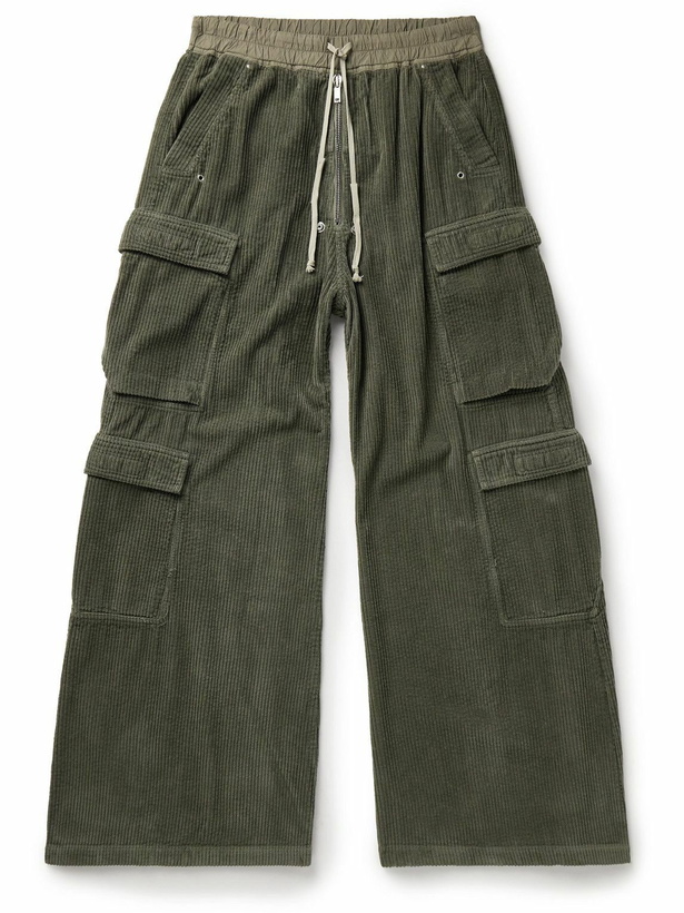 Photo: DRKSHDW by Rick Owens - Belas Wide-Leg Stretch Cotton-Corduroy Drawstring Cargo Trousers - Green