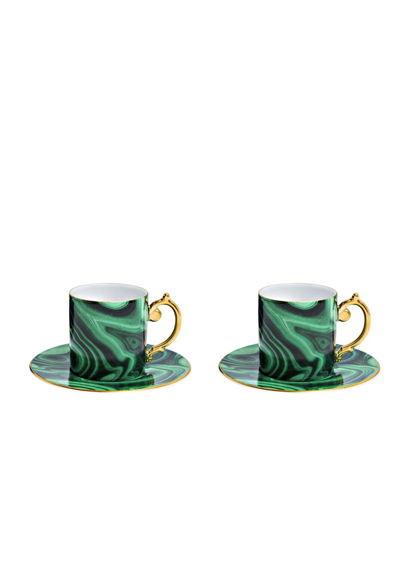Photo: L'Objet Set Of Two Malachite Espresso Cups And Saucers