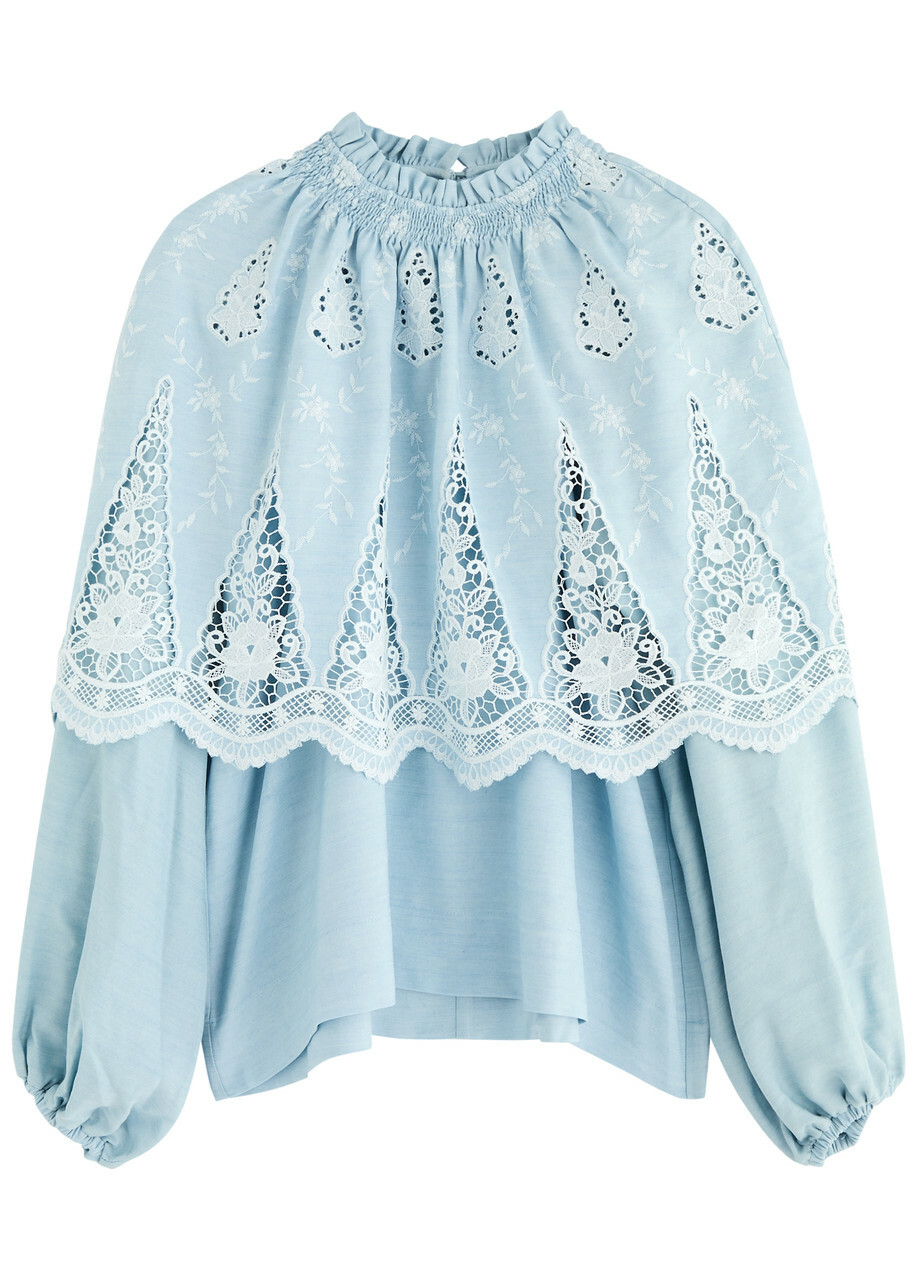 Lug Von Siga Artemis Broderie Anglaise Woven Cape Blouse Light Blue