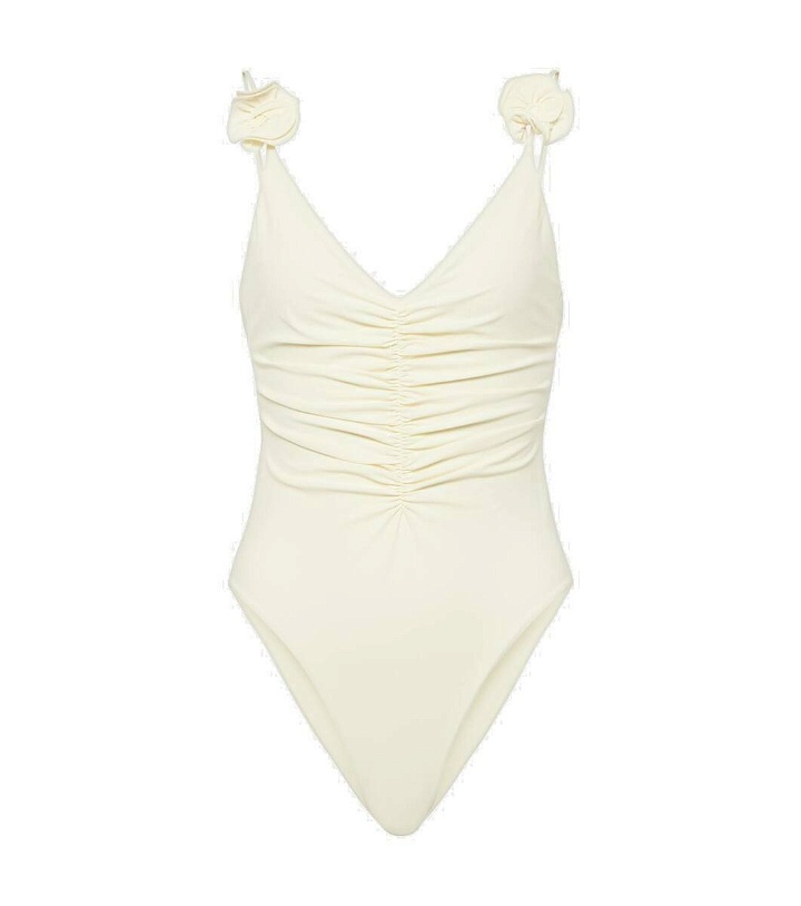 Photo: Magda Butrym Floral-appliqué ruched swimsuit