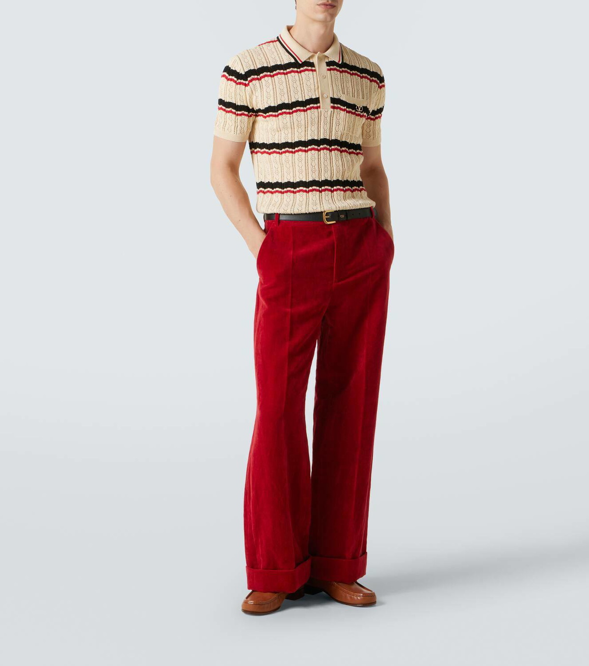 Valentino VLogo pointelle striped cotton polo shirt