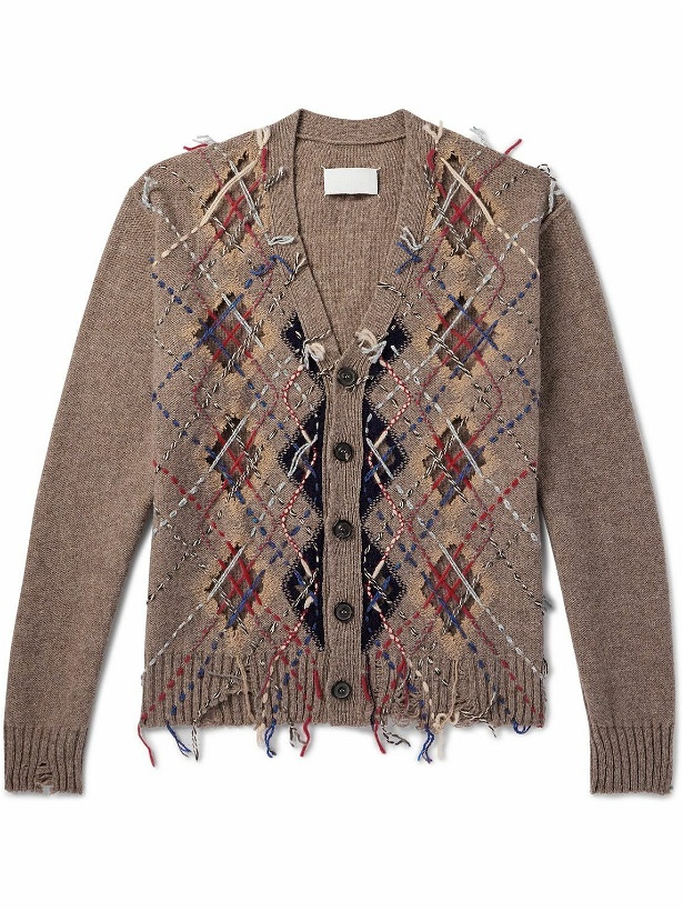 Photo: Maison Margiela - Distressed Embroidered Argyle Wool-Blend Cardigan - Brown