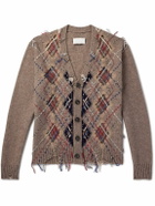 Maison Margiela - Distressed Embroidered Argyle Wool-Blend Cardigan - Brown