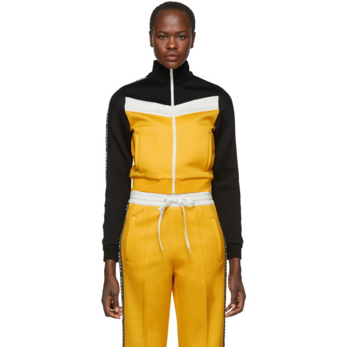 Photo: Miu Miu Yellow Elastic Logo Stripe Zip-Up Sweatshirt