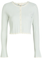 Loveshackfancy Media Striped Stretch-knit Cropped Cardigan White And Blue