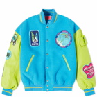 Members of the Rage Men's Oversized Varsity Jacket in Turquoise/Acid Lime
