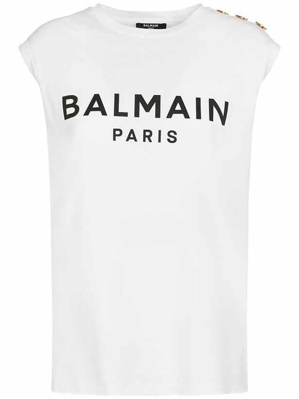Photo: BALMAIN Logo Print Cotton T-shirt with buttons