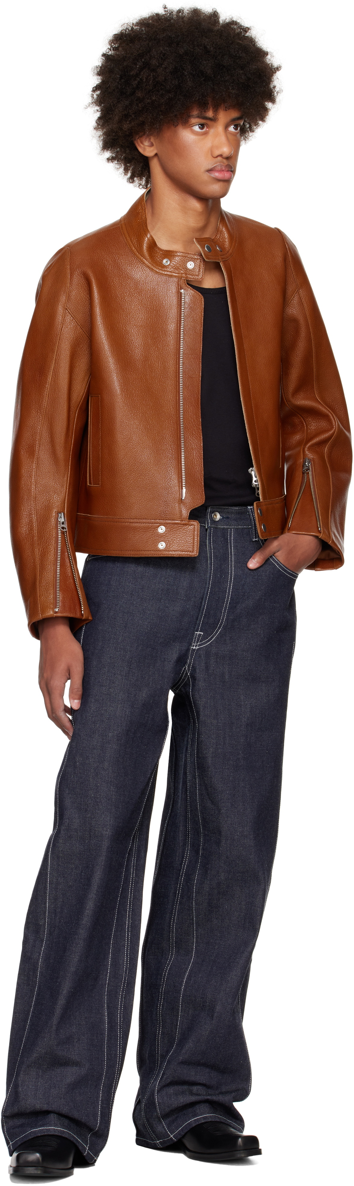 Karmuel Young Brown 2-Way Pocket Biker Leather Jacket