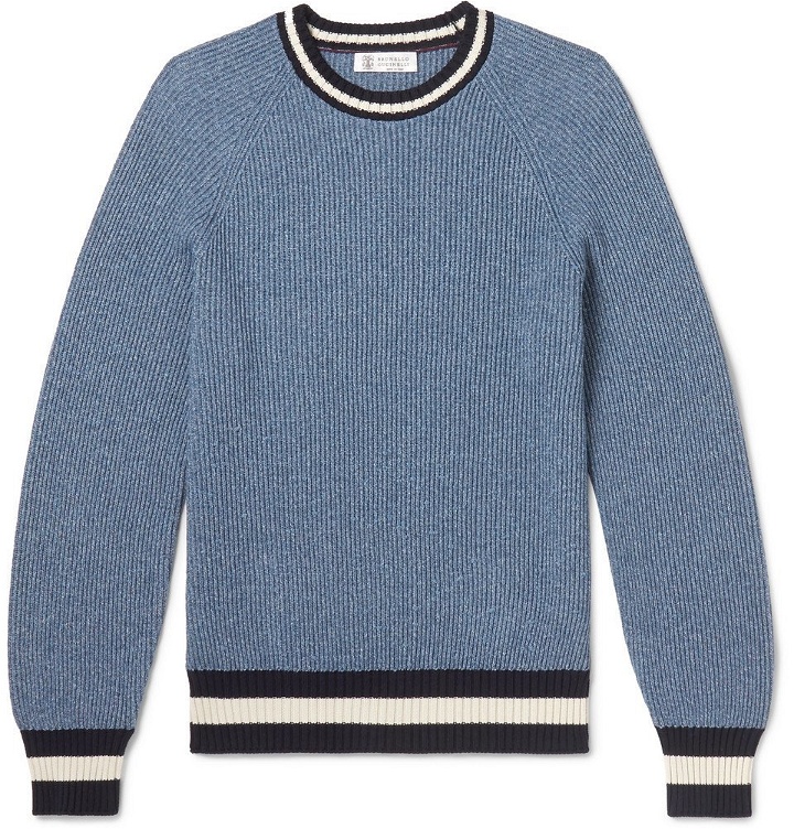 Photo: Brunello Cucinelli - Contrast-Trimmed Mélange Cotton-Blend Sweater - Men - Blue