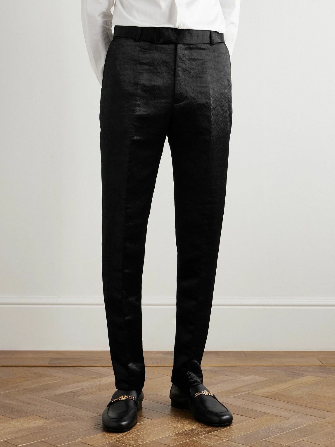 McQueen - Slim-Fit Straight-Leg Hammered-Satin Suit Trousers - Black