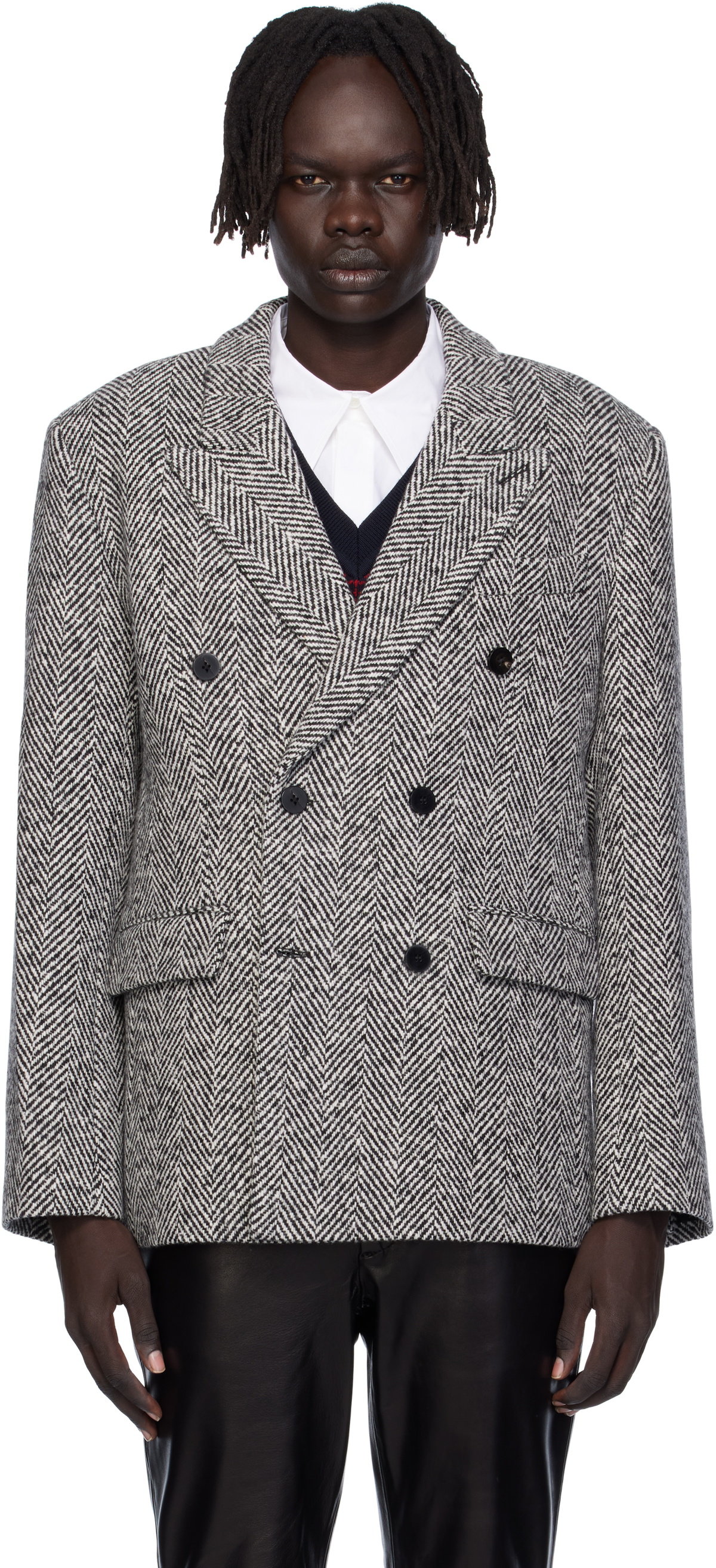 Ernest W. Baker Black & White Six Button Double-Breasted Blazer