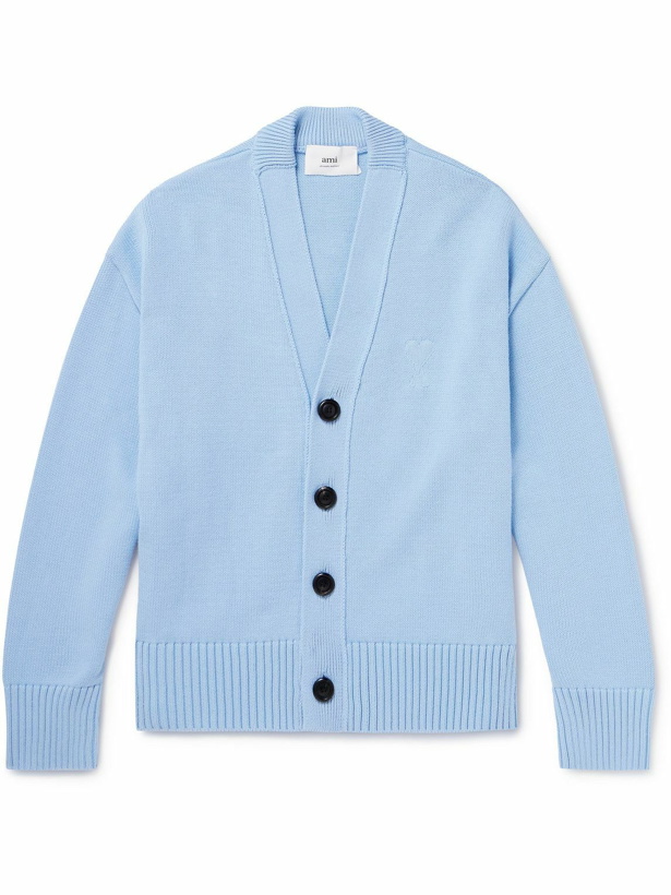 Photo: AMI PARIS - Logo-Embroidered Cotton and Merino Wool-Blend Cardigan - Blue