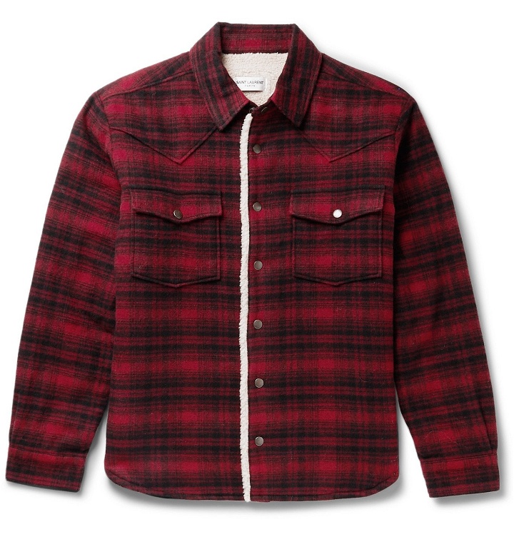 Photo: SAINT LAURENT - Checked Faux Shearling-Lined Wool-Blend Jacket - Red