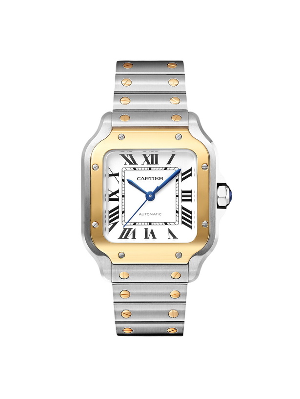 Photo: Cartier - Santos de Cartier Medium Automatic 35.1mm Interchangeable 18-Karat Gold, Stainless Steel and Leather Watch, Ref. No. W2SA0016