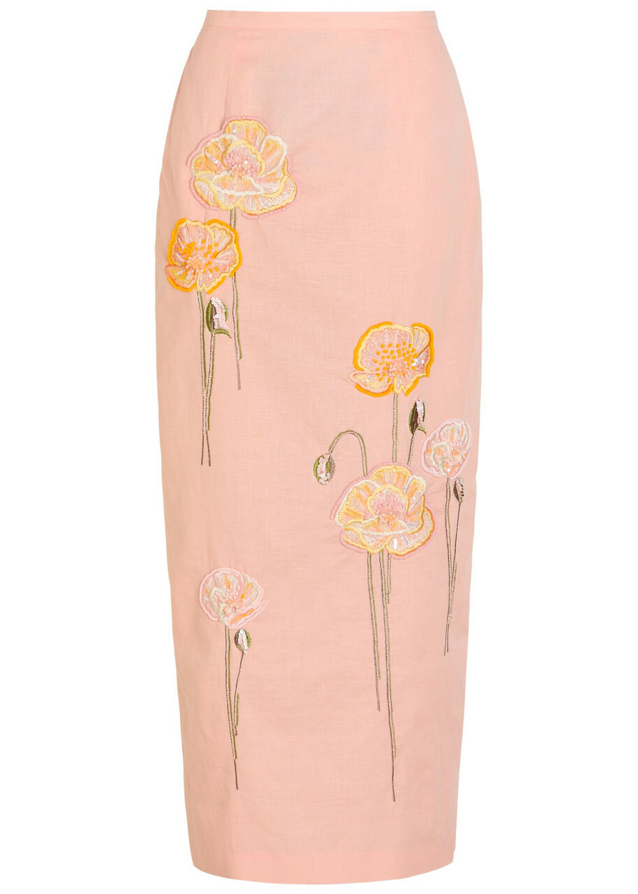 Bernadette Norma Floral-embroidered Cotton and Linen-blend Midi Skirt Pink