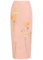 Bernadette Norma Floral-embroidered Cotton and Linen-blend Midi Skirt Pink