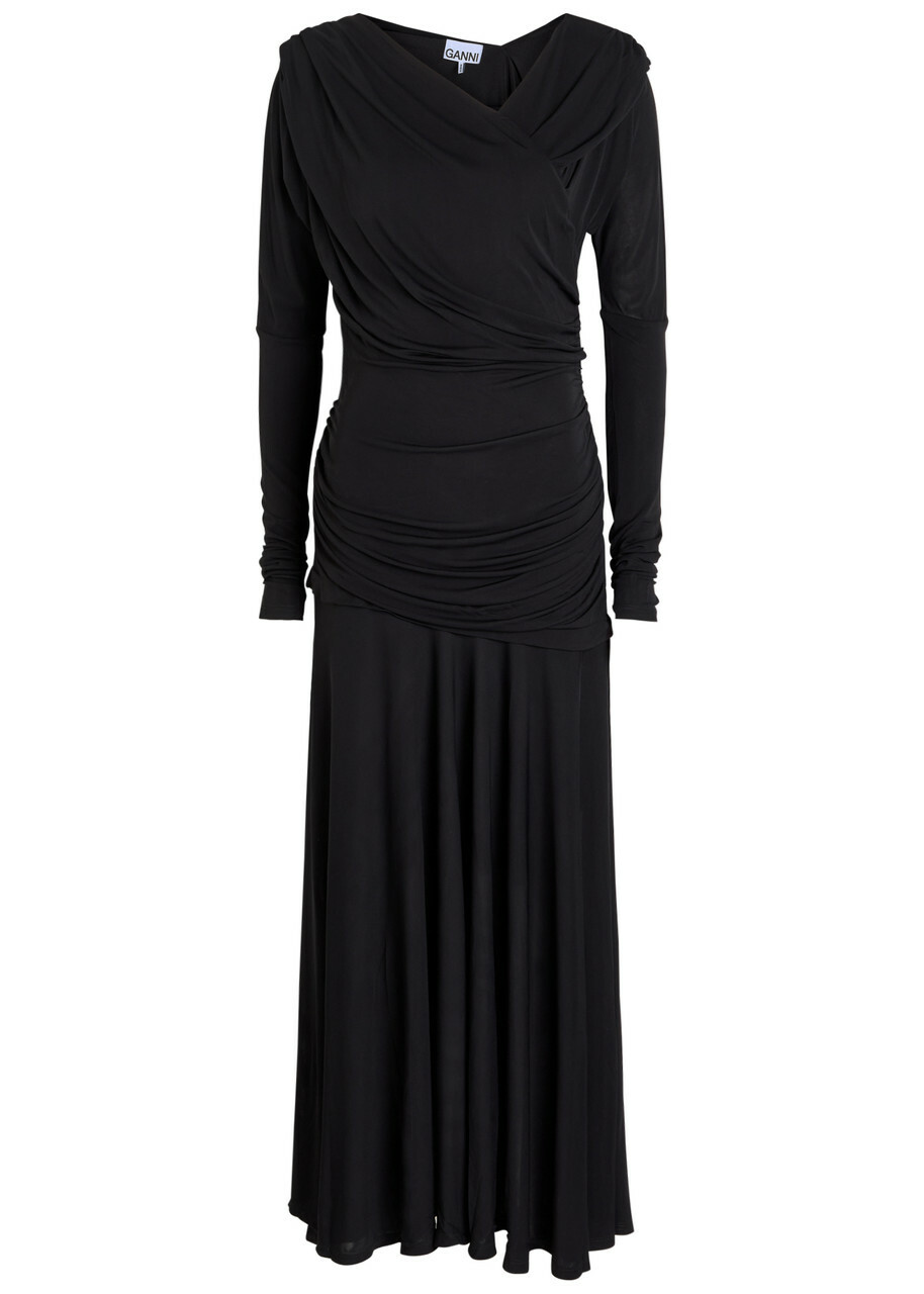Ganni Ruched Wrap-effect Mesh Maxi Dress Black