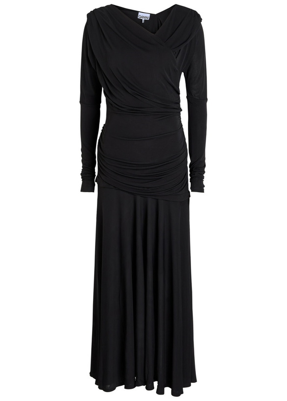 Photo: Ganni Ruched Wrap-effect Mesh Maxi Dress Black
