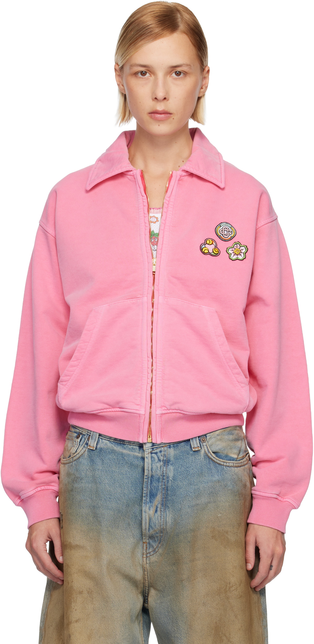 Casablanca Pink Washed Collar Zip Up Jacket