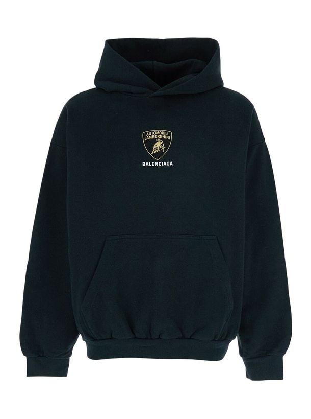 Photo: Balenciaga Black Hoodie With Fixed Hood And Logo Print On The Front In Cotton Man