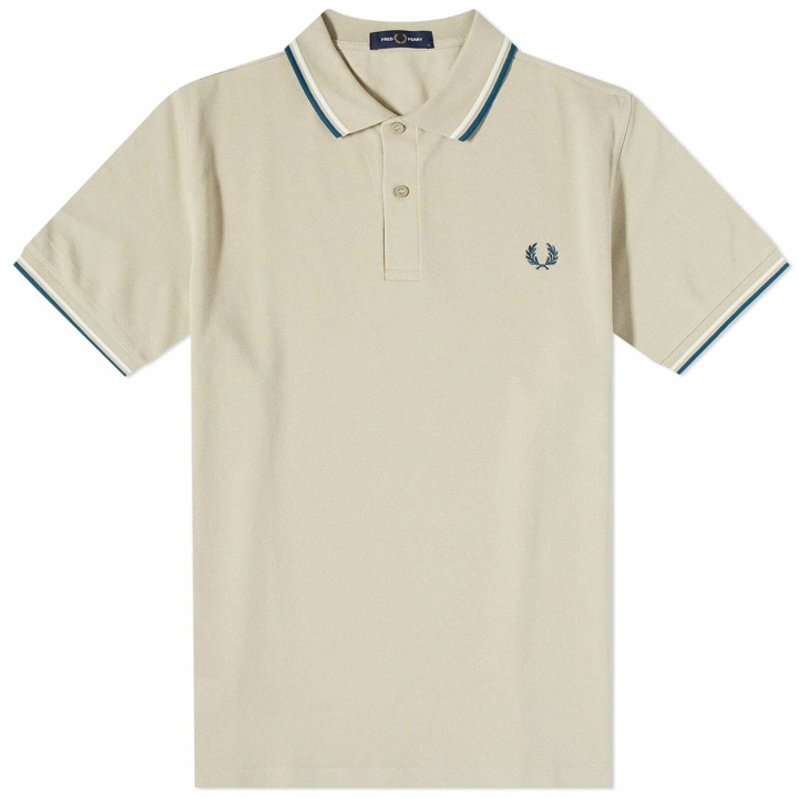 Photo: Fred Perry Men's Slim Fit Twin Tipped Polo Shirt in Light Oyster/Snow White/Petrol Blue
