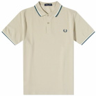 Fred Perry Men's Slim Fit Twin Tipped Polo Shirt in Light Oyster/Snow White/Petrol Blue