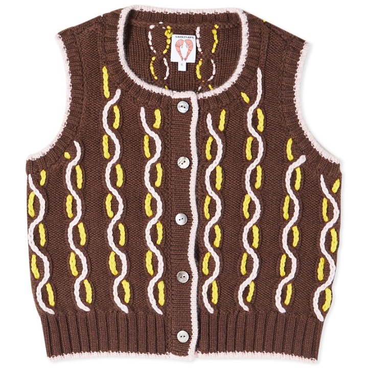 Photo: Shrimps Women's Cable Knit Vest in Brown/Pearl/Yellow