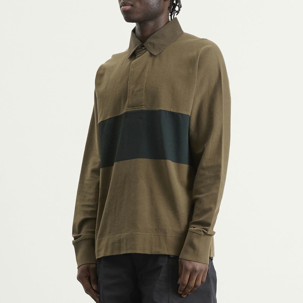 MHL by Margaret Howell Men's Rugby Shirt in Khaki Green/Black Green