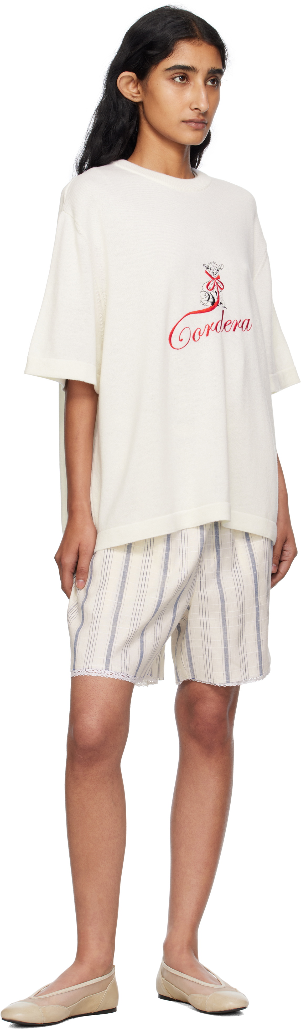 Cordera White Striped Bermuda With Lace Shorts