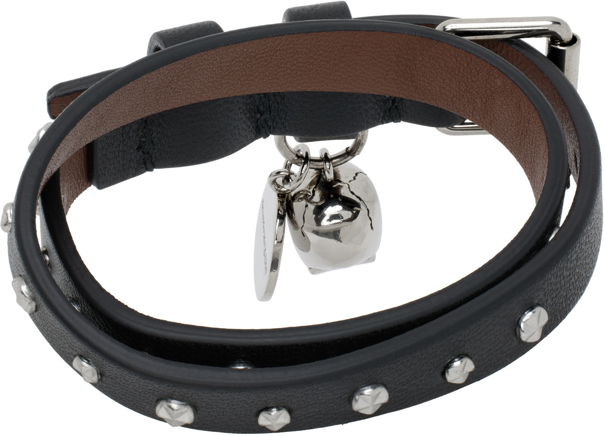 McQueen Black Hammered Studs Double-Wrap Bracelet