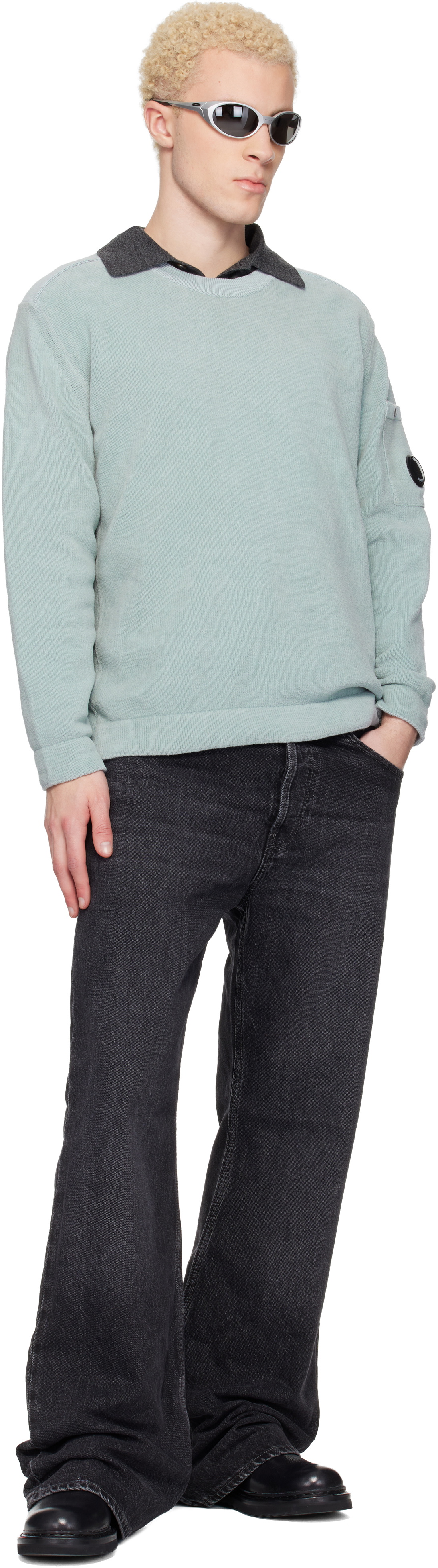 C.P. Company Blue Cotton Chenille Crewneck Lens Sweater