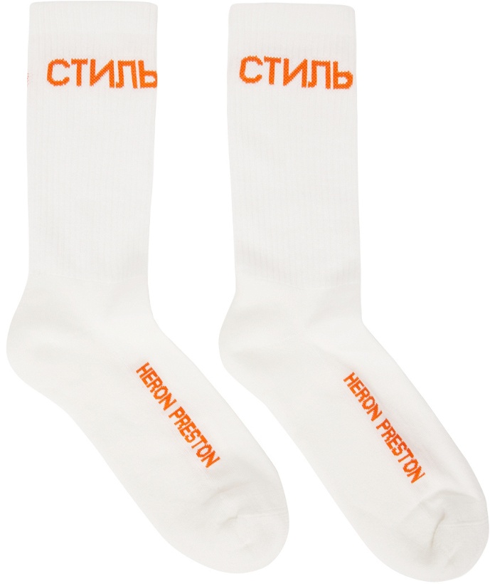 Photo: Heron Preston White & Orange Logo Long Socks