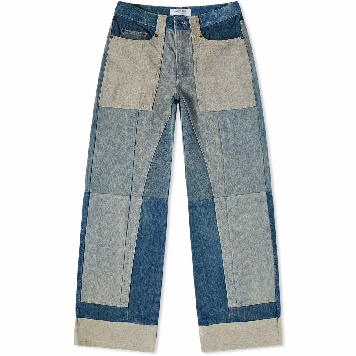 Marine Serre Women's Regenerated Denim Wide Leg Pants in Blue