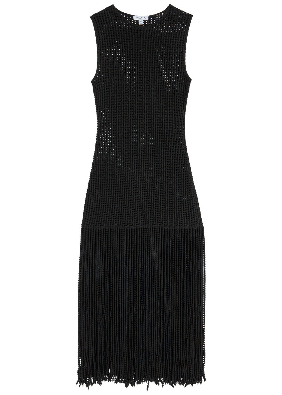 Alaïa Fringed Open-knit Midi Dress Black