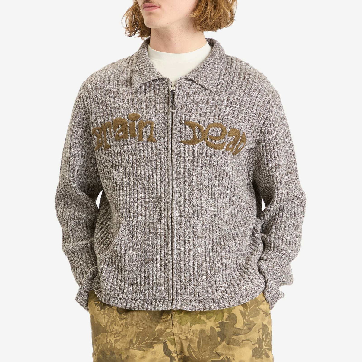 Brain Dead Men's Rib Knit Cardigan in Brown Multi Brain Dead