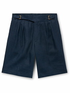 Anderson & Sheppard - Gurkha Straight-Leg Pleated Linen Shorts - Blue