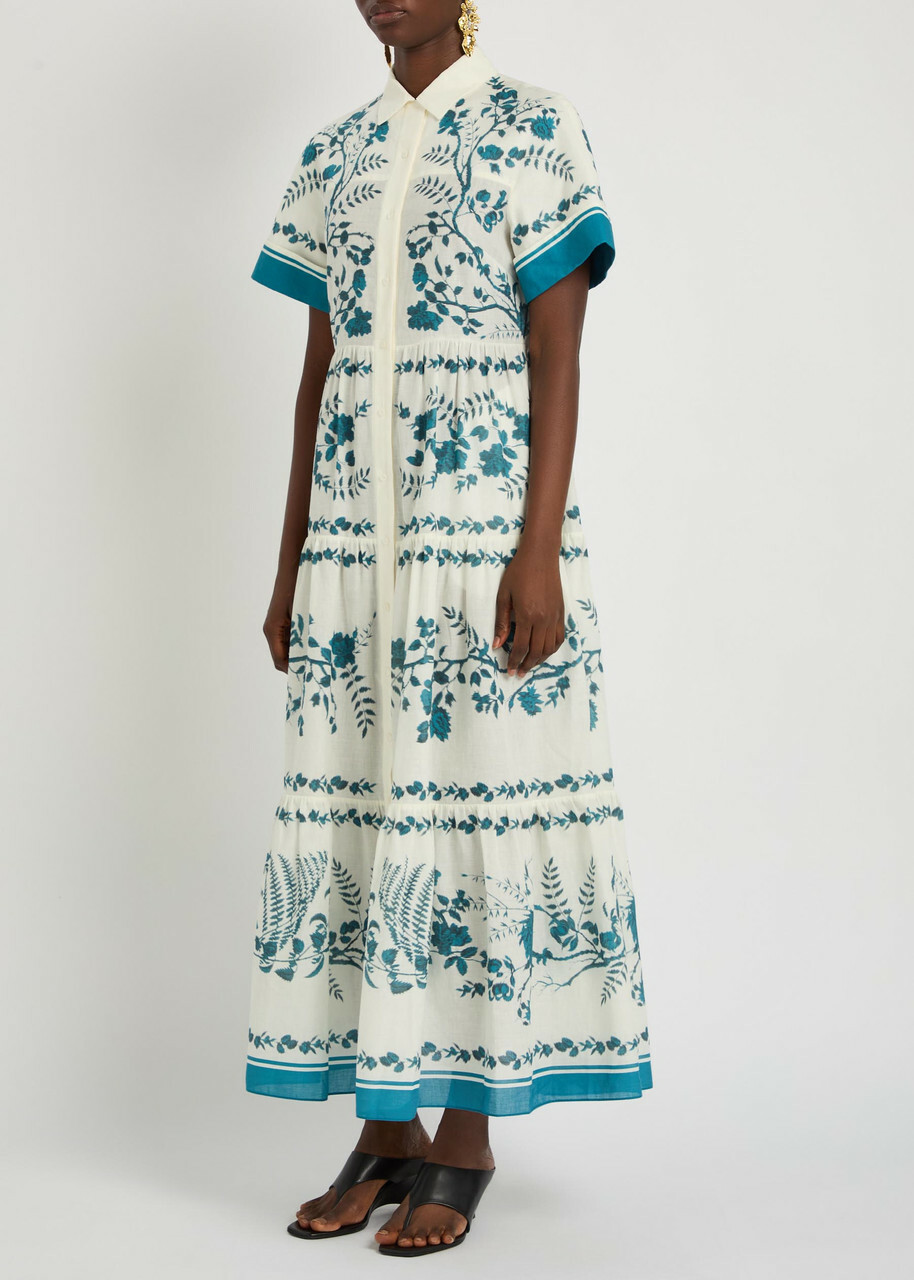 Erdem Floral-print Cotton and Linen-blend Midi Shirt Dress Blue