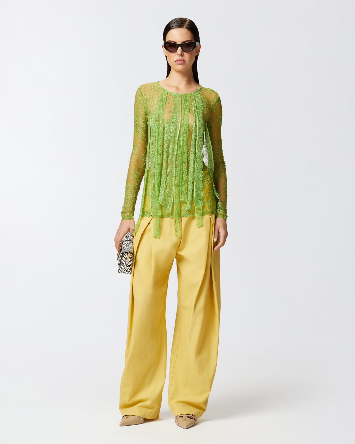 Pinko Slim Fitting Lace Sweater With Fringing Green Spinach