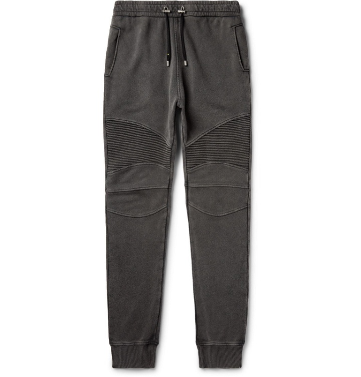 Photo: Balmain - Slim-Fit Panelled Loopback Cotton-Blend Jersey Sweatpants - Gray