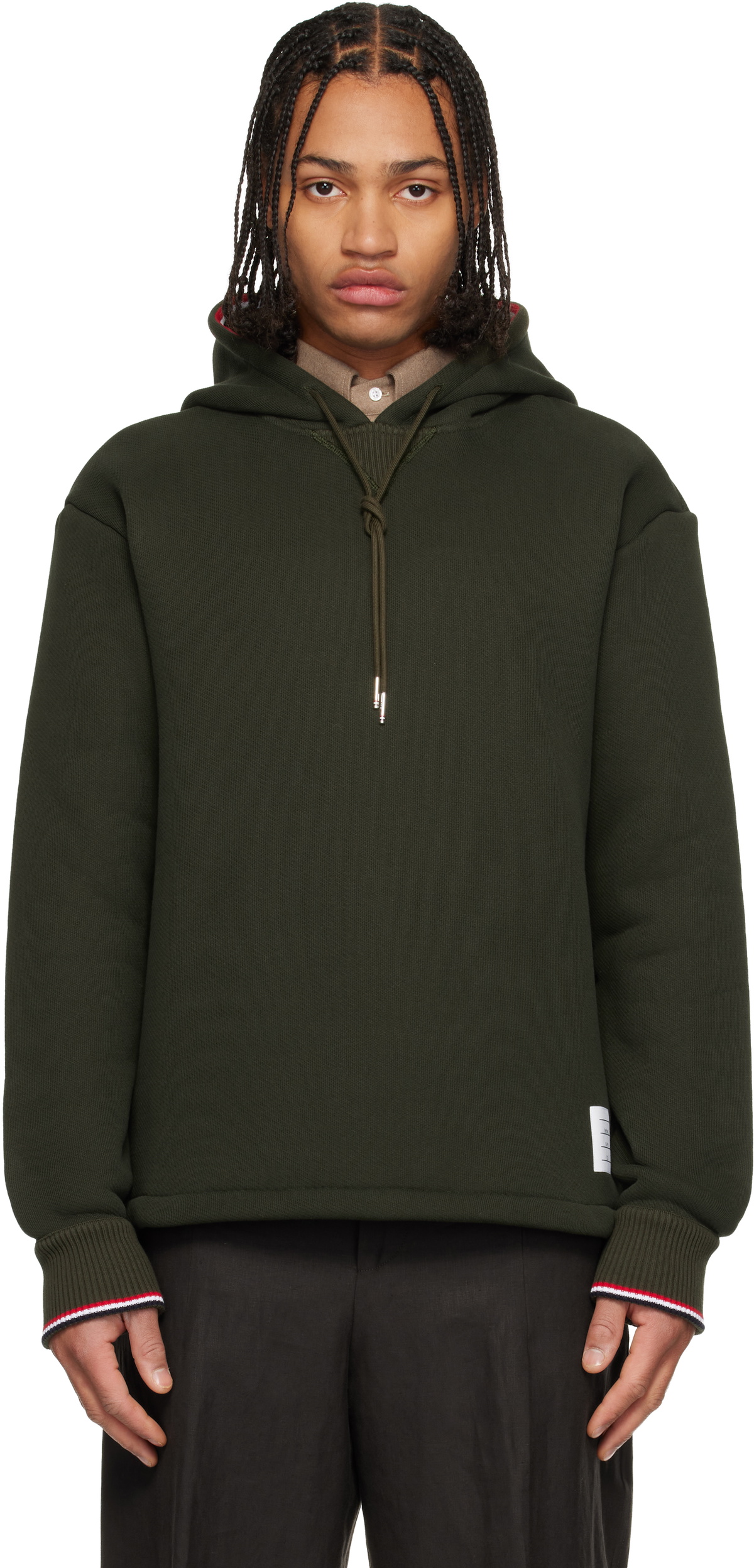 Thom Browne Khaki Loopback Oversized RWB Stripe Hoodie