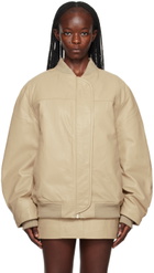 REMAIN Birger Christensen Beige Zip Leather Bomber Jacket