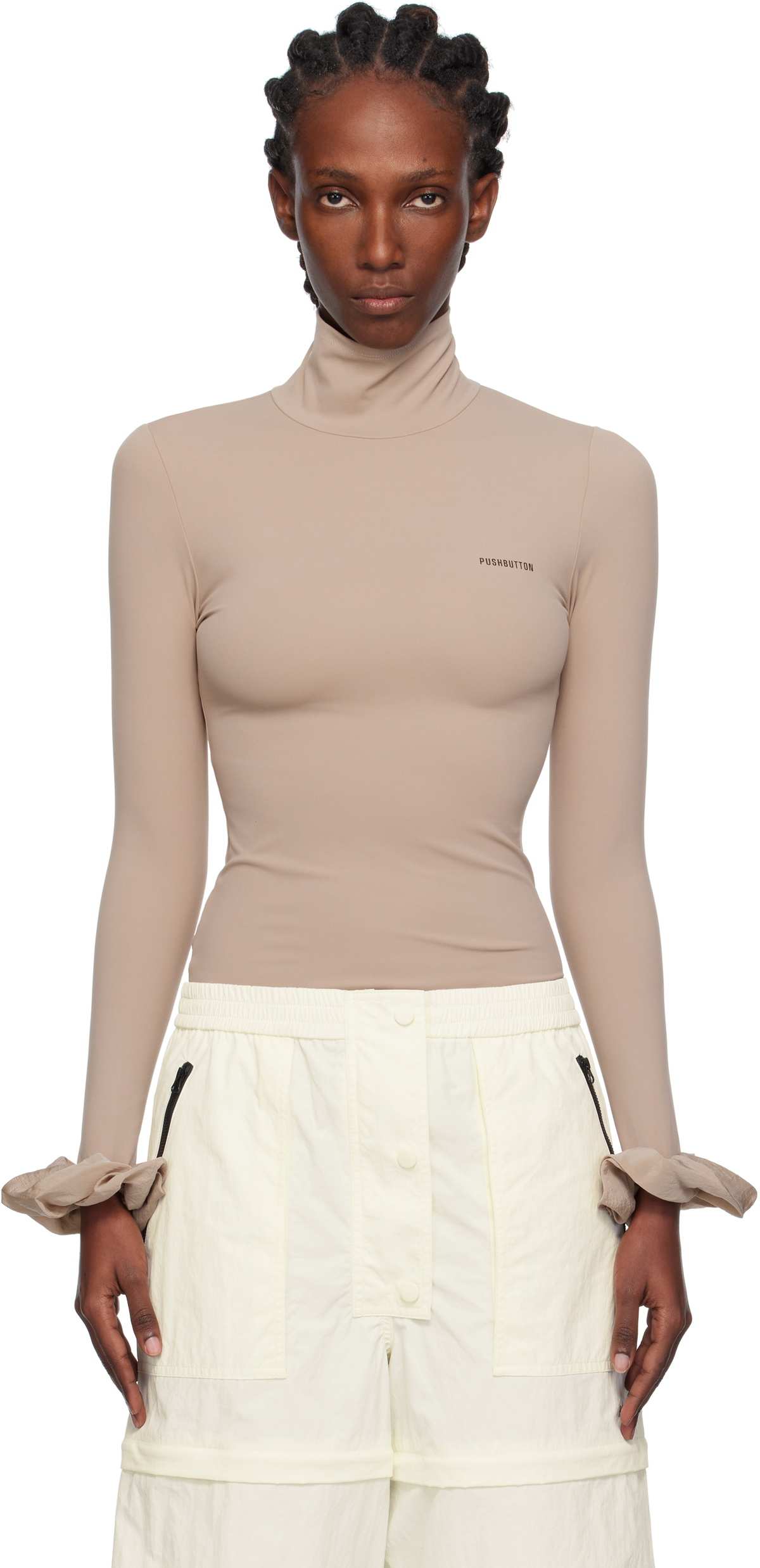 Pushbutton Beige Scrunchie Sleeve Jersey Turtleneck