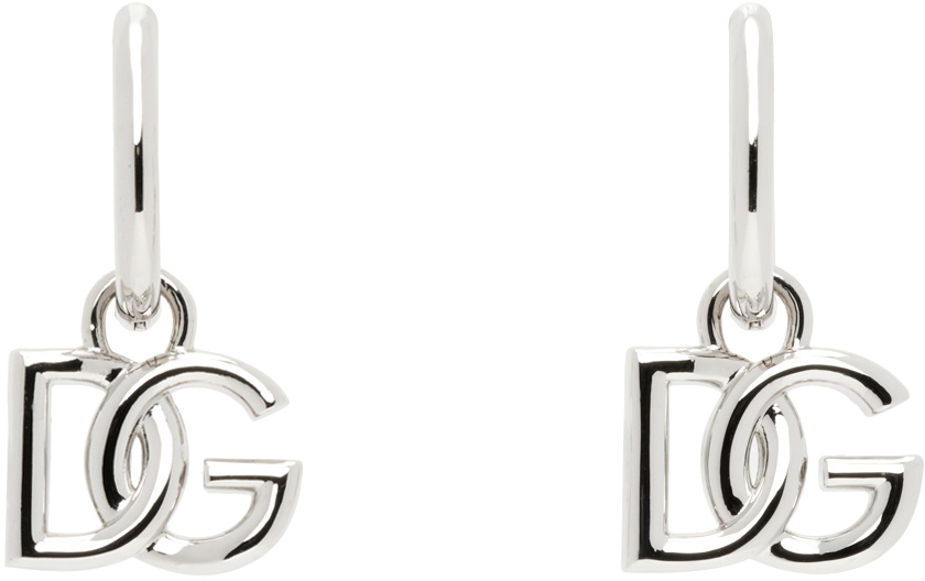 Dolce&Gabbana Silver Hoop 'DG' Logo Pendant Earrings