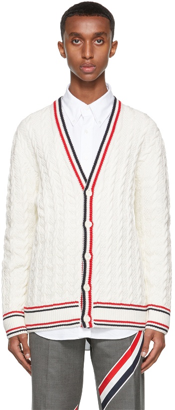 Photo: Thom Browne White Heritage Cable RWB Stripe Relaxed Fit Cardigan